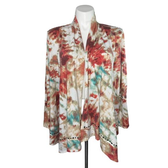 CYRUS WOMAN Tie Dye Studded Open Terry Knit Cardigan Size 3X Red Pink Green Whit - Picture 1 of 10